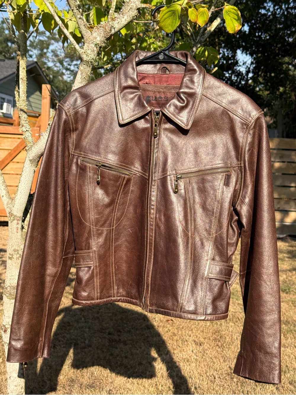 GUESS Vintage Chocolate Brown Leather Motto Jacket - Womens Size Medium